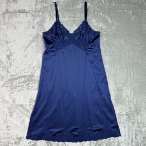 VTG Vanity Fair Full Slip Sz 36 Navy Lace Trim Nylon Light 90s Sleepwear Adjust